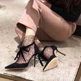 كعب عالي للنساء من الدانتيل قابل للتنفس ، صنادل حمراء شبكية ، كعب مدبب ، أحذية رائعة رومانية ، جديدة ، صيفية