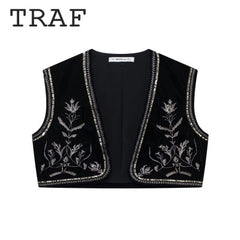 TRAF سترات بتصميم متماثل للنساء مطرزة للديكور صدريات نسائية قصيرة غير رسمية 2024 سترة نسائية جديدة بدون أكمام