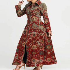 الأزهار المطبوعة فستان طويل رفض طوق خمر عادية العرقية ألف خط فستان سستة خندق سترة فستان لخريف 2025