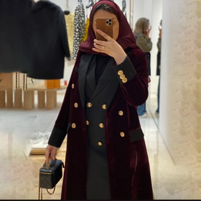 سترة نسائية مخملية عصرية باللون العنابي معطف طويل مرقع عالي الجودة أنيق وطية صدر السترة مزدوجة الصدر سترة مكتب كاجوال يومية