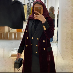 سترة نسائية مخملية عصرية باللون العنابي معطف طويل مرقع عالي الجودة أنيق وطية صدر السترة مزدوجة الصدر سترة مكتب كاجوال يومية