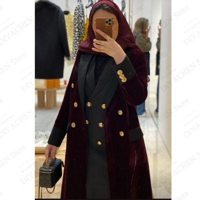 سترة نسائية مخملية عصرية باللون العنابي معطف طويل مرقع عالي الجودة أنيق وطية صدر السترة مزدوجة الصدر سترة مكتب كاجوال يومية