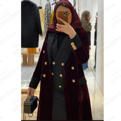 سترة نسائية مخملية عصرية باللون العنابي معطف طويل مرقع عالي الجودة أنيق وطية صدر السترة مزدوجة الصدر سترة مكتب كاجوال يومية