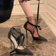 كعب عالي للنساء من الدانتيل قابل للتنفس ، صنادل حمراء شبكية ، كعب مدبب ، أحذية رائعة رومانية ، جديدة ، صيفية