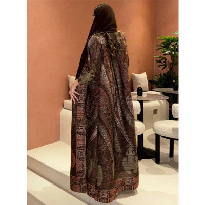 سترة نسائية من Miyake ذات ثنيات كبيرة وطية صدر السترة وربطة عنق عرقية مطبوعة شال طويل سترة شات فستان طويل عباية