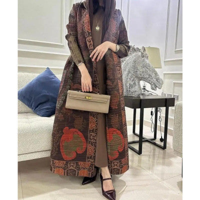 سترة نسائية من Miyake ذات ثنيات كبيرة وطية صدر السترة وربطة عنق عرقية مطبوعة شال طويل سترة شات فستان طويل عباية