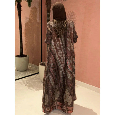 سترة نسائية من Miyake ذات ثنيات كبيرة وطية صدر السترة وربطة عنق عرقية مطبوعة شال طويل سترة شات فستان طويل عباية