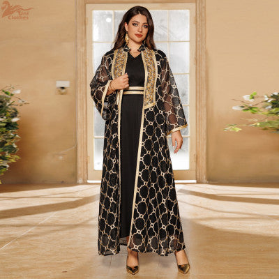 طقم فستان عباية عيد مكون من قطعتين للنساء سترة مطرزة إسلامية رداء طويل رمضان المغرب دبي عبايات قفطان فيستدوس