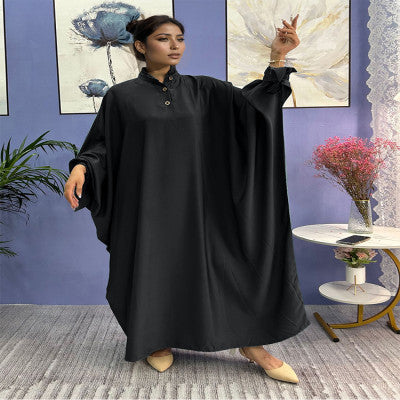 فستان نسائي إسلامي من الشرق الأوسط بأكمام طويلة ، رداء أسود فضفاض