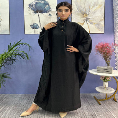 فستان نسائي إسلامي من الشرق الأوسط بأكمام طويلة ، رداء أسود فضفاض