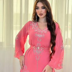 البوليستر مسلم عباية للنساء الصيف أنيقة برتقالي أزرق وردي أخضر المرأة المسلمة كم طويل الخامس الرقبة البوليستر عباية طويلة