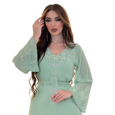 البوليستر مسلم عباية للنساء الصيف أنيقة برتقالي أزرق وردي أخضر المرأة المسلمة كم طويل الخامس الرقبة البوليستر عباية طويلة