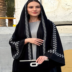 أطقم نسائية إسلامية عباية مع حجاب مطرز كيمونو عبايات طويلة قفطان رداء متواضع طقم ملابس خارجية Musulmane ملابس إسلامية باللون الأسود